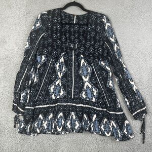 Free People Tunic Top Women XS Black Blue Down By The Bay Flowy Boho Chic Floral